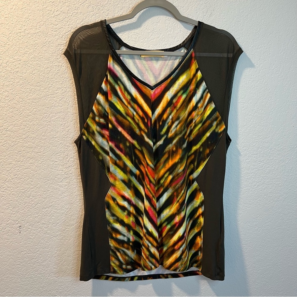Women’s Biba orange and green chevron patterned boxy style blouse size XL